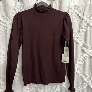 CeCe Ruffled Mock neck Super Soft Sweater in Dark Cocoa NWT